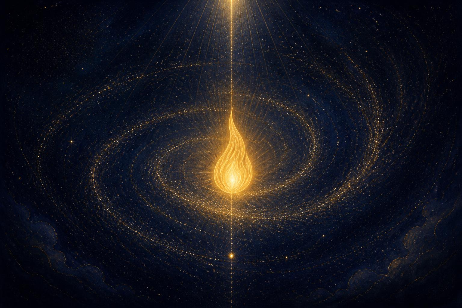 A single golden flame at the center of a vast starfield